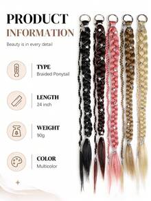 Women Black Decorative Braid Hair Extension, Long Braided Hairpiece With Star Ornaments, Easy Clip-In Design For Cosplay And Daily Hairstyle - Multicolor - View 6
