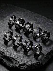 9PCS Punk Hip Hop Black Chain Plain Band Stainless Steel Men's Rings, Fashion Men's Jewelry Accessories, Rings For Daily & Anniversary Wear - Multicolor - View 3