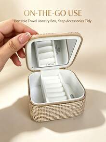 Dior Portable Jewelry Storage Box With Mirror Velvet Lining Woven Mini Jewelry Organizer Travel Carry Ring Earring Necklace Jewelry Box Makeup Storage Cosmetic Case - Gold Storage Box - View 9