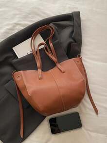 1pc Solid Color PU Commuter Shopping Large Capacity Minimalist Exquisite Versatile Casual Daily Modern Style Tote Bag - Brown - View 3