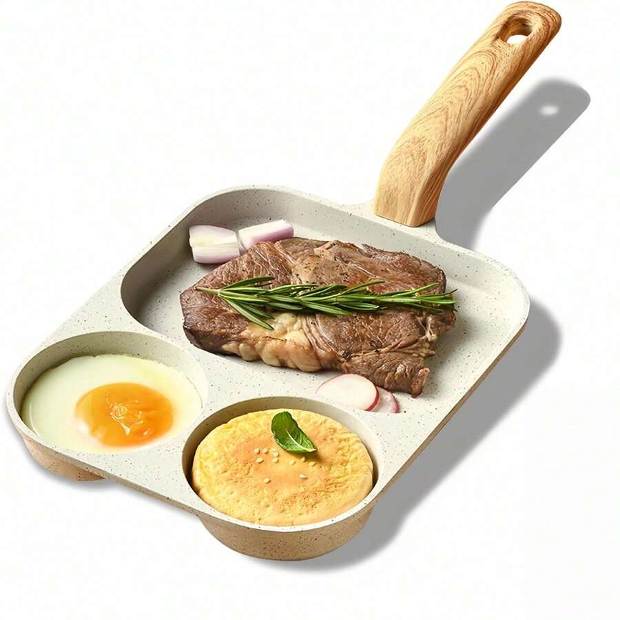 1件 4合1煎鍋，家用早餐平底鍋，不沾底平底鍋，可同時煎蛋和培根，適用於瓦斯爐和感應爐，便攜式戶外露營烘焙鍋，居家烹飪廚房用具，廚房必需品