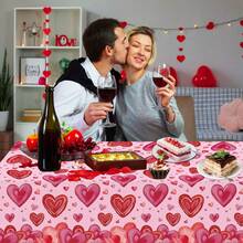 1pc Watercolor Hearts Rectangular Table Cloth, Pink Base Red Heart Printed Tablecover, Valentine Wedding Birthday Party Dining Table Decor - Multicolor - View 4