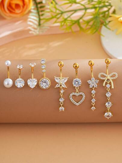 8pcs Fashion Cubic Zirconia Decorated Bow Heart Flower Belly Button Ring Set Women Sexy Stainless Steel Piercing Jewelry Daily Wear
