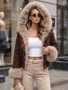 Women's Cropped Hooded Jacket Artificial Fur Trim Zip Snap Front Drawstring Hem - Brown - View 2