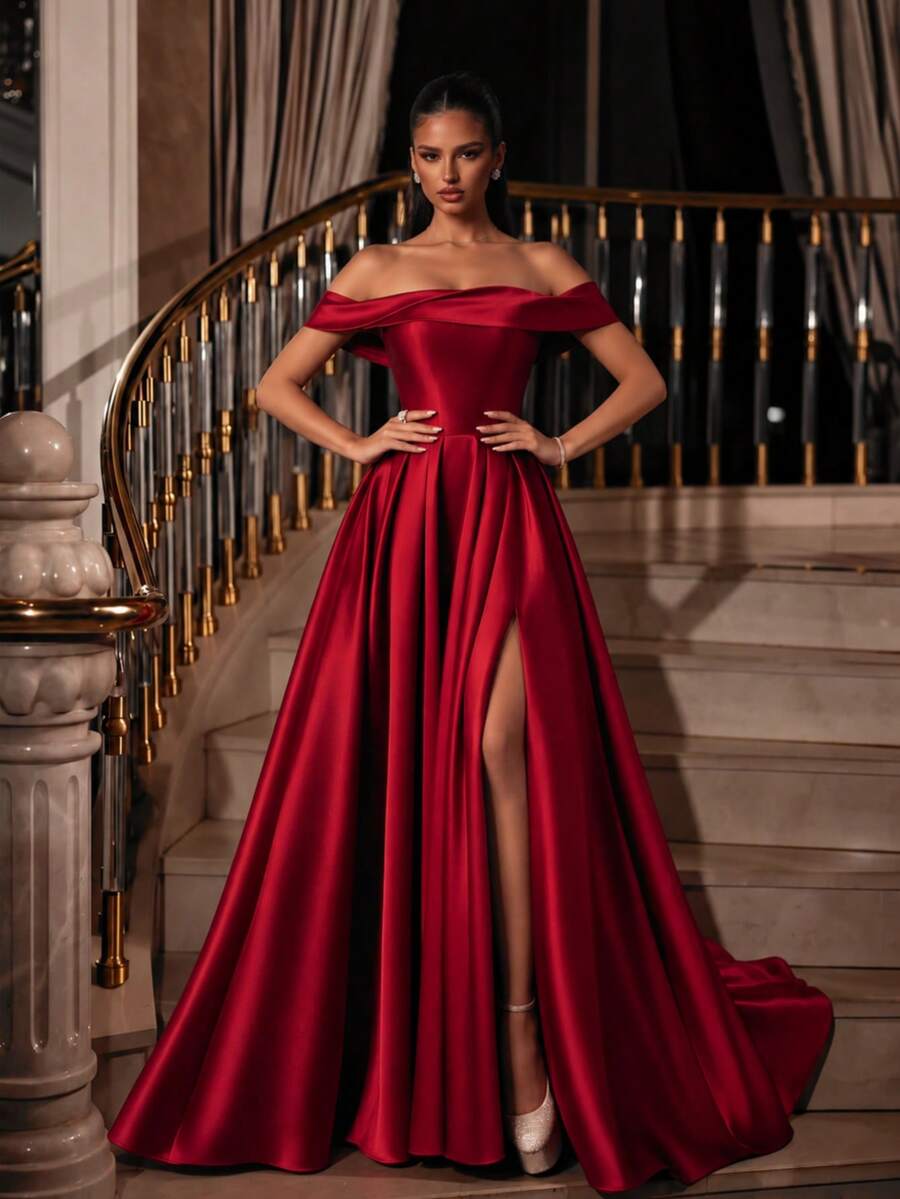 Smilprince Women's Burgundy Luxury Off Shoulder Bow Formal Evening Gown ...