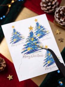 1pc Blue & Gold Christmas Tree Pattern Decorative Sticker With Tweezers, Featuring "Merry Christmas" Text, Adhesive Backing Design, Suitable For Water Cups, Gift Boxes, Containers, Books Surface Decoration - Christmas Style - View 4