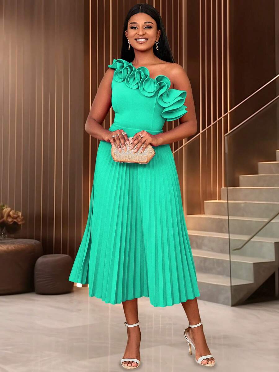 Women's Summer Mint Green Asymmetric Frill Trim Pleated Dress Party Elegant