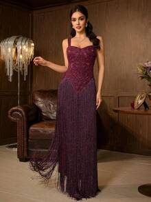 Elegant Women's Burgundy Sleeveless Tassel Decor Dress, Perfect For Balls And Formal Events, Soft And Suitable For Banquets And Galas - Dark Purple - View 8