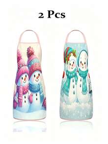 2Pcs Christmas Snowman Kitchen Apron, Winter Snow Couple Snowflake Printed Adjustable Cooking Apron, Xmas Holiday Kitchen Decor Christmas Gift - Multicolor - View 8