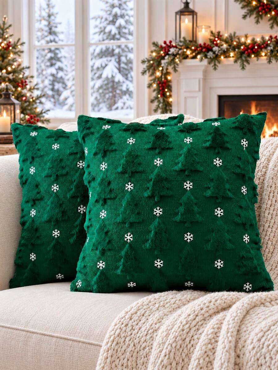 1pc/2pcs Christmas Tree Snowflake Throw Pillow Cover, Winter Embroidered Christmas Tree Decorative Pillowcase, Soft Plush Faux Fur Cushion Cover, Suitable For Christmas Sofa Home Decor - Green - View 1