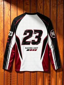 Men's Racing Long Sleeve T-Shirt, #23 Print Colorblock Mesh Crew Neck Racing Sports Shirt - Multicolor - View 2