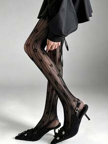 Black Vertical Striped Ditsy Floral Lace Jacquard Mesh Tights Anti-Slip Minimalist Sexy Style Black Leggings 1 Pair Suitable For Daily Commute Outfit - Black - View 4