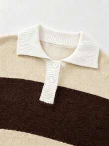 Spring/Autumn Multi-Color Contrast Collar Long Sleeve Half-Button Cardigan Sweater - Light Apricot and Brown - View 8