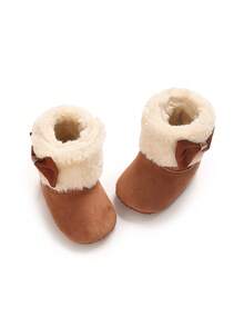Sepatu Bot Bayi Perempuan Berbulu Lembut, Kerah Bulu Lipat dengan Pita, Sol Lembut, Sepatu Bot Hangat untuk Bayi Baru Lahir Sebelum Berjalan - Coklat - View 4