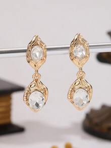 1 Pair New Fashion Gold-Tone Rhinestone Water Drop Pendant Earrings, Unique Niche Design, High-End Asymmetrical Metal Earrings For Women's Daily Wear - Earring - View 5