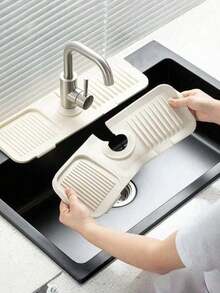1Pc Simple Solid‑Gray Faucet Drip Mat, Silicone Material, Anti‑Splash & Water‑Draining,For Kitchen Sink, Bathroom Vanity Countertop, Groove Drainage Design,Household Daily Use,Kitchen Accessaries,Kitchen Deccor,Kitchen Essentials,Bathroom Accessories - Multicolor - View 2