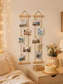 1 Set Rak Pajangan Foto Gantung Dinding dengan Bingkai Kayu & Sistem Tali Rami, Klip Foto Pemasangan Perekat/Pengait Cocok untuk Dekorasi Rumah, Kantor, Sistem Bingkai Foto Minimalis Nordik untuk Dekorasi Pesta, Hadiah Festival, Penyimpanan Gantungan Foto - Warna kayu - View 3