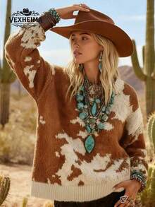 2025 Autumn/Winter New Women's Fashion Cow Print Western Cowgirl Style Colorblock Asymmetric Pattern Loose Wool Knit Pullover Sweater Vacation - Multicolor - View 5