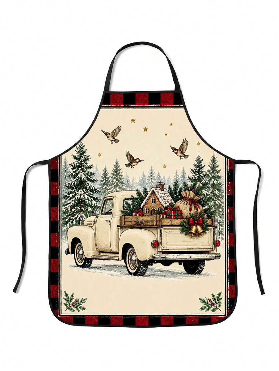 1pc Vintage Christmas Theme Kitchen Apron, Printed With Cozy Winter Country Truck And Evergreen Christmas Tree Pattern, Perfect For Holiday Baking, Family Gatherings, Creating Nostalgic Holiday Atmosphere, Holiday Essential - Multicolor 2 - View 1