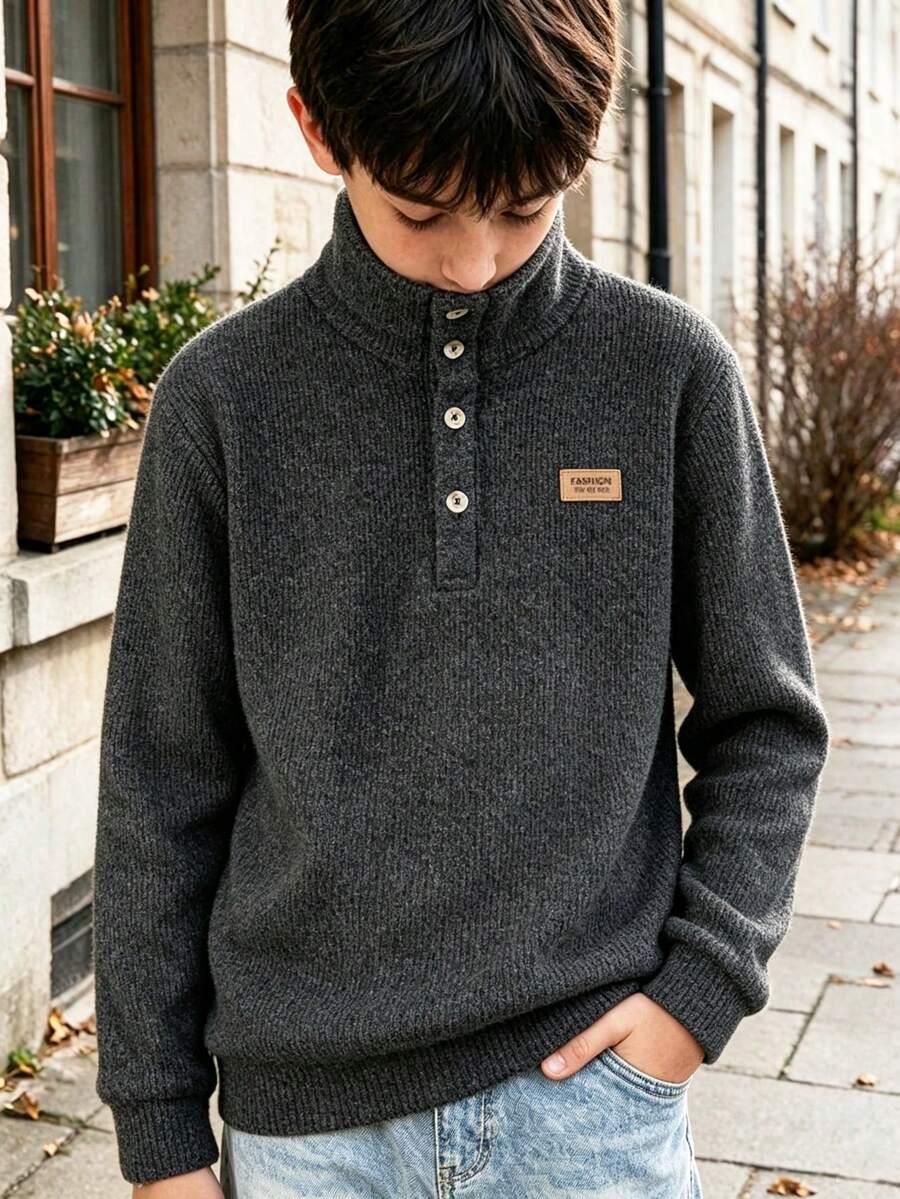 Boys' & Teens' Minimalist Comfortable Letter Patch High Neck Long Sleeve Polo Shirt, Suitable For Back To School, Daily Wear, Autumn/Winter - Black - View 1