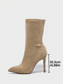 Women's Faux Suede Pointed Toe Stiletto Heel Elastic Mid-Calf Sock Boots, Side Zipper, Leg-Hugging Design For A Flattering Silhouette, Versatile And Stylish For Both Work And Parties. - Khaki - View 4