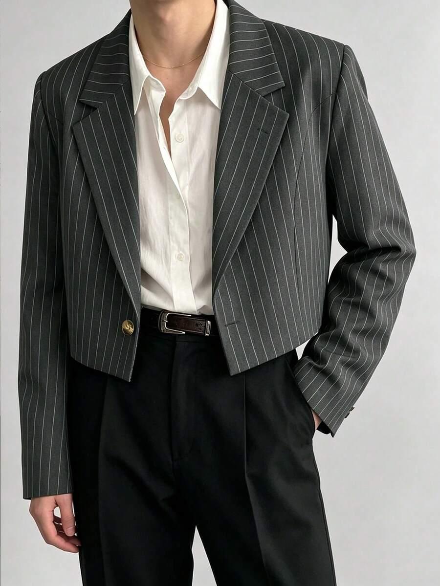 WAIT HIM Men's Casual Short Striped Blazer - Dark Grey - View 1