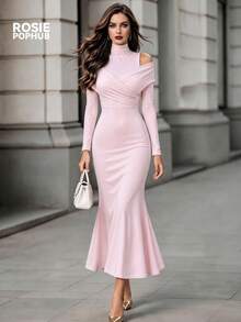 ROSIE POPHUB Women Light Pink Mock Neck Cutout Shoulder Wrap Long Sleeve Slim Mermaid Hem Maxi Dress Elegant Party Evening Gown For Fall & Winter - Pink - View 1