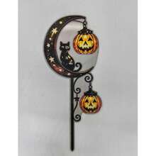 Crescent Moon Black Cat Pumpkin Acrylic Garden Stake, Outdoor Halloween Decoration Ornament - A - View 2