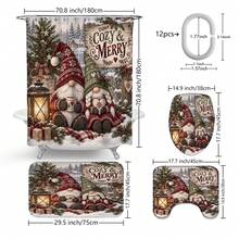 1pc/4pcs Patterned Multi-Functional Bathroom Decor Shower Curtain Set Free 12 Hooks Premium Holiday Atmosphere Bathroom Mat U-Shaped Floor Mat And Round Toilet Lid Cover Suitable For All Scenes Decoration Bathroom Set - Couple's Dwarf Figurines - View 3