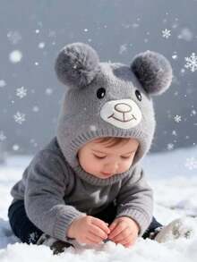 1pc Minimalist Bear Design Plush Knitted Beanie Hat, Suitable For Baby Boys In Autumn/Winter - 1PC - View 10