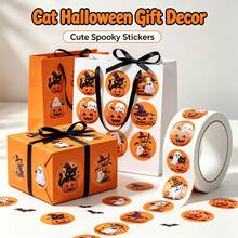 500Pcs Cat Pumpkin Halloween Roll Stickers, Cute Black Cat Ghost Round Stickers, Self-Adhesive Decals For Party Gift Envelope Scrapbook Decor - 500 Pcs/roll - View 4