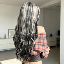 25 Inch Fluffy Long Wavy Synthetic Wig Black Grey Half Half Color Wig With Full Bangs Heat Resistant Wig For Women Daily Cosplay Party - Multicolor - View 5