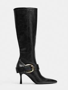 New Pointed Toe High Heel Tall Boots Vintage Style Wide Shaft Knee-High Stiletto Heel Riding Boots - Black - View 3