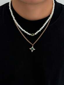 2pcs/Set Autumn Men's Vintage Gold Double Layer Stacked Necklace, Pearl Green Gemstone Square Diamond Collarbone Chain + Star Green Diamond Pendant, Autumn Sweatshirt Matching Accessory Holiday Gift - 2pcs - View 3