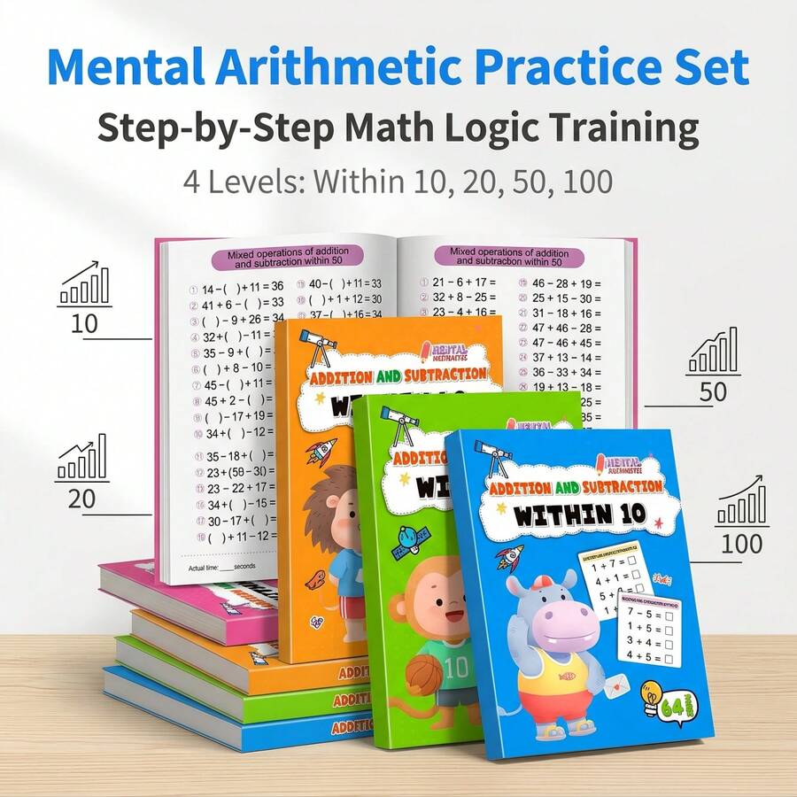 1pc 100/50/20/10 Addition & Subtraction Practice Book, Children's Game, 64 Pages Enlightenment Training, Preschool Learning Material, Toddler Toy, Classroom Essential, Back To School Supplies, Learning Supplies, Classroom Supplies - Multicolor - View 1