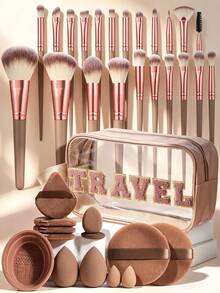 6/22/36PCS Brown Rose Gold Ferrule All-In-One Makeup Tools Set Cosmetic Brushes Multi Shape Brown Beauty Sponges Triangle Round Velvet Powder Puffs Silicone Cleaner Bowl Travel Patchwork Transparent Makeup Bag For Full Face Daily & Travel Makeup - Multicolor - View 12