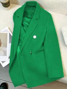 Spring/Summer Women's Solid Color Long Sleeve Double-Breasted Blazer, Notched Collar | Suitable For Dating, Parties, Outings And Holiday Celebrations - Emerald Green - View 7