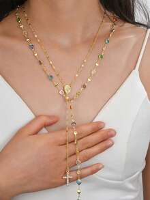 2pcs/Set Bohemian Style Colorful Crystal & Vintage Metal Cross Pendant Y-Necklace Set, Suitable For Women's Daily And Holiday Wear, Gift For Friends - Multicolor - View 1