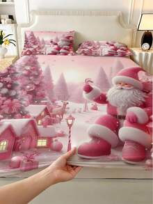 1PC Pink Christmas Theme Pattern Fitted Sheet (Fitted Sheet Only, No Pillowcase), Santa Claus Print Soft Bedroom Bedding, Suitable For Bedroom, Guest Room, School Dormitory, Easy To Remove And Machine Washable All Season Mattress Protector, Perfect Christmas Gift For Parents And Friends - Multicolor - View 6