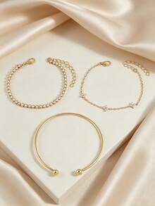 3pcs Inlaid Cubic Zirconia Four-Leaf Clover Tennis Chain Bracelet Set, Suitable For Women Daily Wear, Dating, Party, Gathering Layering Matching - Yellow Gold - View 5