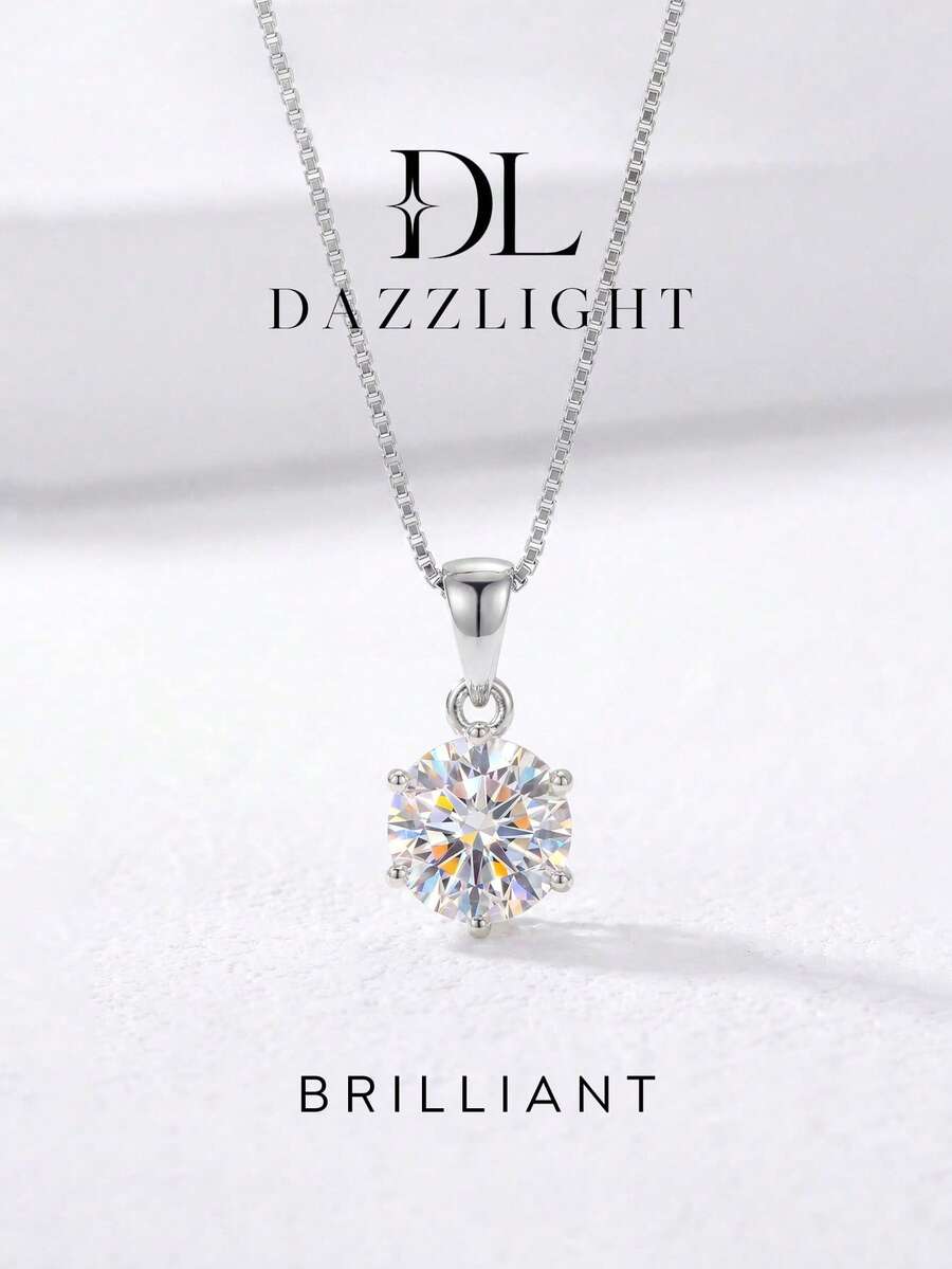 1 buah Kalung Moissanite Klasik 1CT Liontin Enam Cakar dengan Rantai Kotak, Sempurna untuk Pemakaian Sehari-hari Wanita dan sebagai Hadiah - Perak - View 1