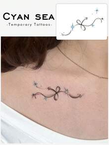 1pc Temporary Tattoo Sticker, Minimalist Line Bow Starlight Pattern, Realistic Fake Tattoo Design, For Daily Wear, Bachelorette Party Favors, Music Festival, Game, Graduation Gift, Lasts 3‑5 Days - Multicolor - View 1
