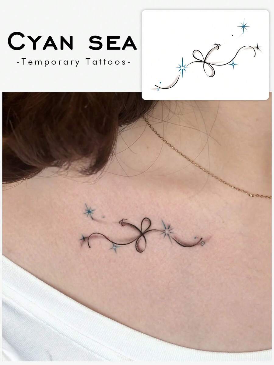 1pc Temporary Tattoo Sticker, Minimalist Line Bow Starlight Pattern, Realistic Fake Tattoo Design, For Daily Wear, Bachelorette Party Favors, Music Festival, Game, Graduation Gift, Lasts 3‑5 Days - Multicolor - View 1