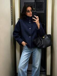 Women's Casual Wool Jacket, Casual Stand Collar Button Design, Navy Blue Thick Coat, Suitable For Commuting, Dating, Daily Wear - Navy Blue - View 9