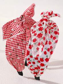 2pcs/Set Girls Vintage Red Flower Fabric Headband Sweet Plaid Rabbit Ear Bow Hair Hoop Suitable For Daily Decoration - Multicolor - View 10