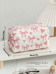 Tas Kosmetik Quilted Putih Krem dengan Pita Pink & Motif Hati, Tas Make Up Travel Kapasitas Besar - MultiWarna - View 6