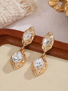 1 Pair New Fashion Gold-Tone Rhinestone Water Drop Pendant Earrings, Unique Niche Design, High-End Asymmetrical Metal Earrings For Women's Daily Wear - Earring - View 3