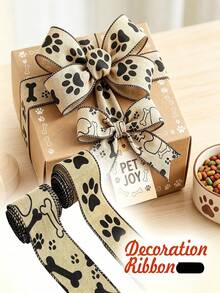 2/1 Rollo de cinta con patrón de huella de pata, cinta de lino con patrón de huella de pata, nueva cinta de franela creativa con patrón de huella de pata & hueso, adecuada para manualidades, lazos, decoración de fiestas, embalaje de cajas de regalo y envoltura de ramos (6.3cm/5 yardas) - Varios estilos - Ver 9