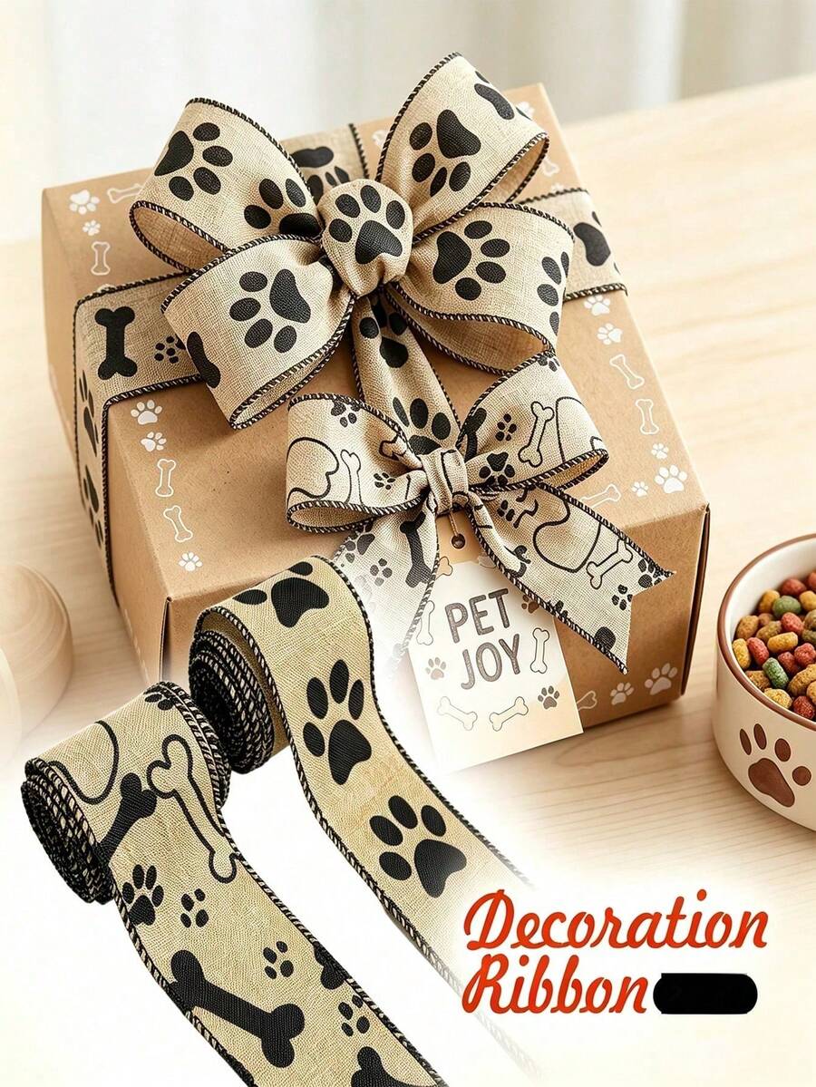 2/1 Roll Paw Print Pattern Ribbon, Paw Print Pattern Linen Ribbon, New Creative Paw Print & Bone Pattern Flannel Ribbon, Suitable For Handmade, Bows, Party Decoration, Gift Box Packaging And Bouquet Wrapping (6.3cm/5 Yards)