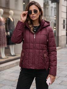 Women's Quilted Hooded Jacket Detachable Drawstring Hood Zip Front Regular Fit - Burgundy - View 2